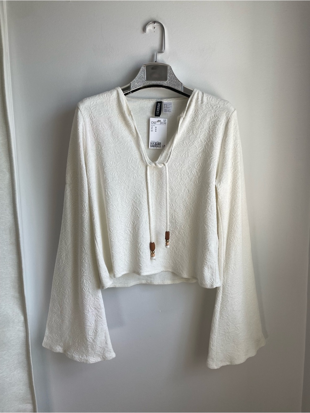Cream Textured V-Neck Tie-Front Bell Sleeve Top-Romantic-Boho-size M